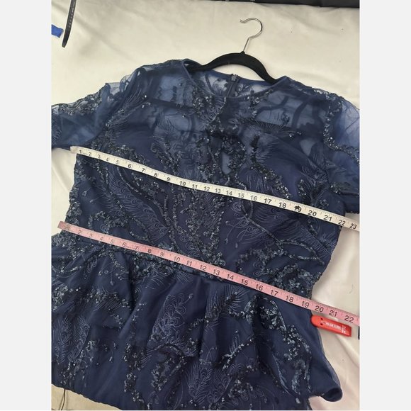 NWT $498 Mac Duggal [‎ PLUS 18W ] Embellished Peplum Midi Sheath Dress Blue - Picture 3 of 15